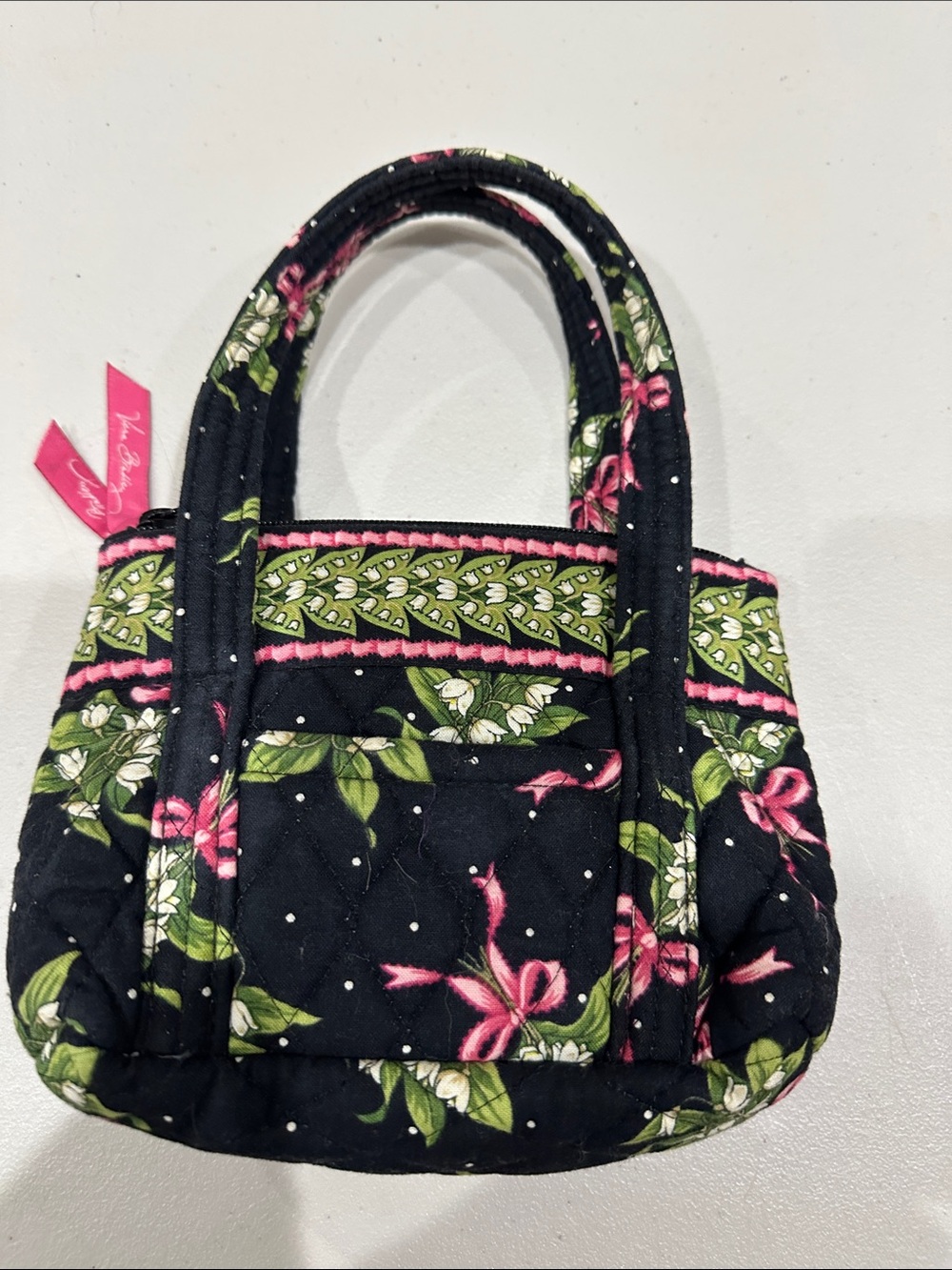 Vera Bradley Black Floral Quilted Mini Tote with Pink & Green Accents